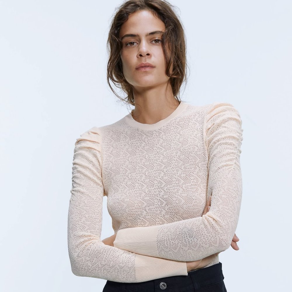 Zara POINTELLE KNIT Top Long Ruched Sleeve NWT